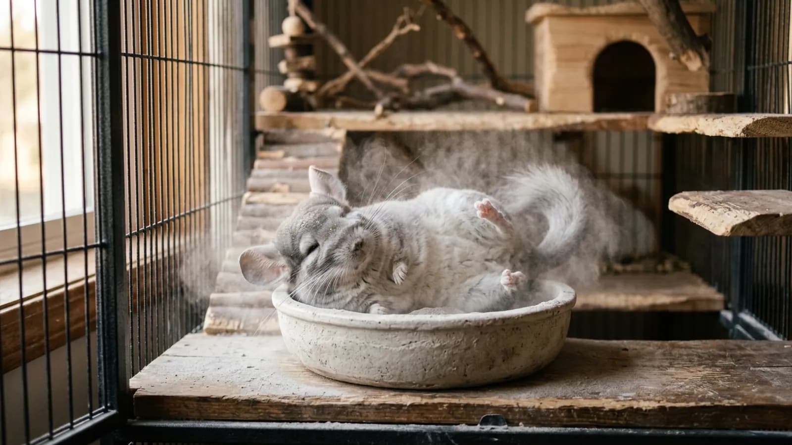 A silver-gray chinchilla mid-roll in a bowl of fine grey chinchilla dust inside a tall metal and wood cage.