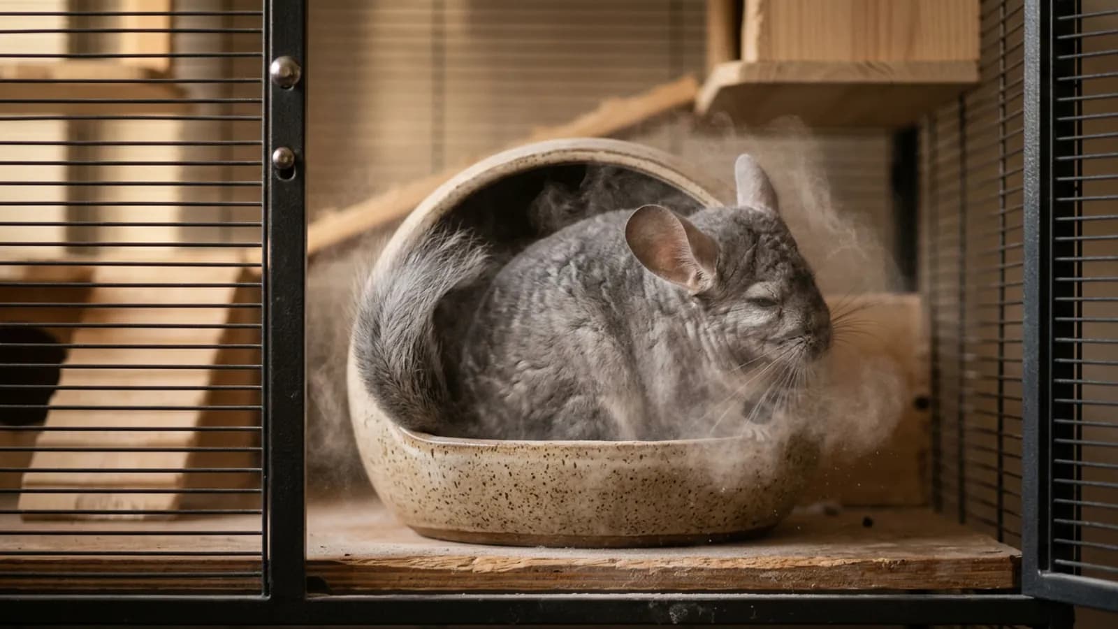 A chinchilla rolling in fine volcanic powder inside its chinchilla dust bath house