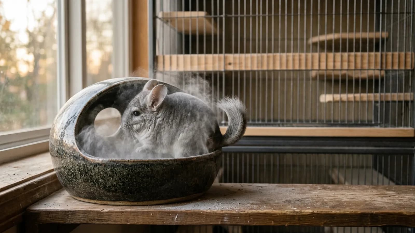 A chinchilla rolling inside a ceramic chinchilla dust bath house as fine dust rises around it