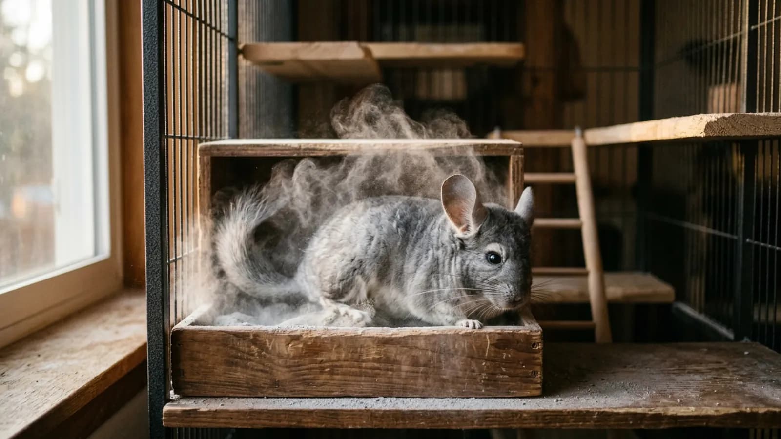 A chinchilla dusting itself, rolling in a cloud of fine gray powder inside a wooden bath house.