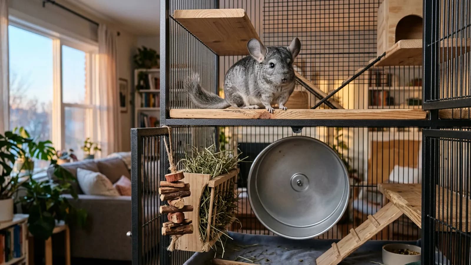 A tall metal and wood chinchilla enclosure with wooden ledges and a silver-gray chinchilla sitting on an upper shelf.