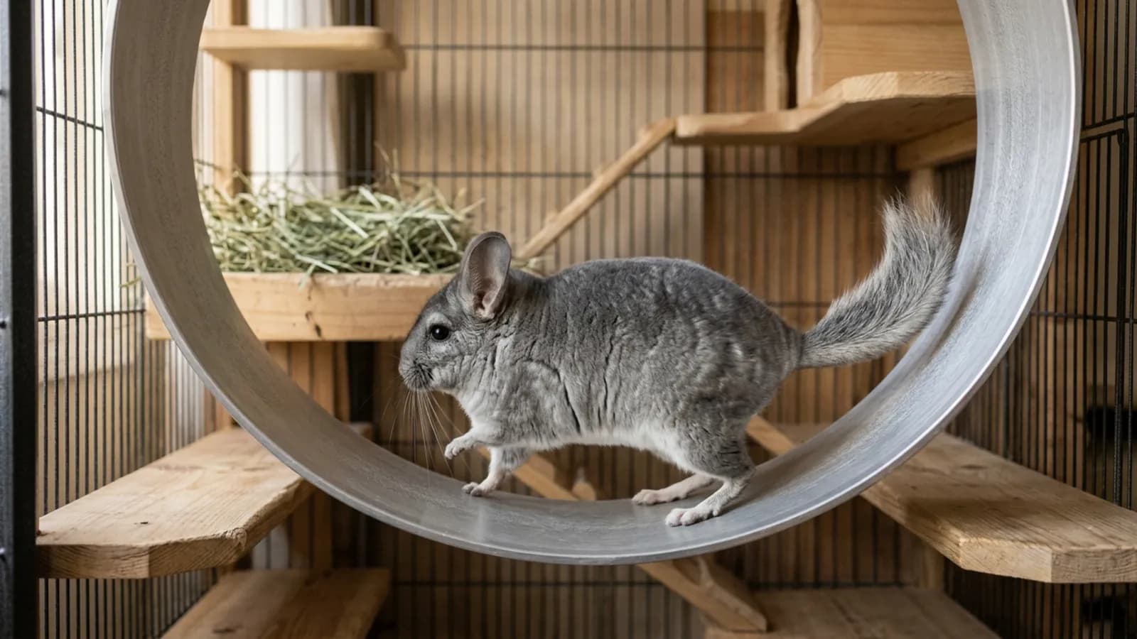 A chinchilla running on a solid-surface chinchilla exercise wheel inside a tall metal and wood cage.