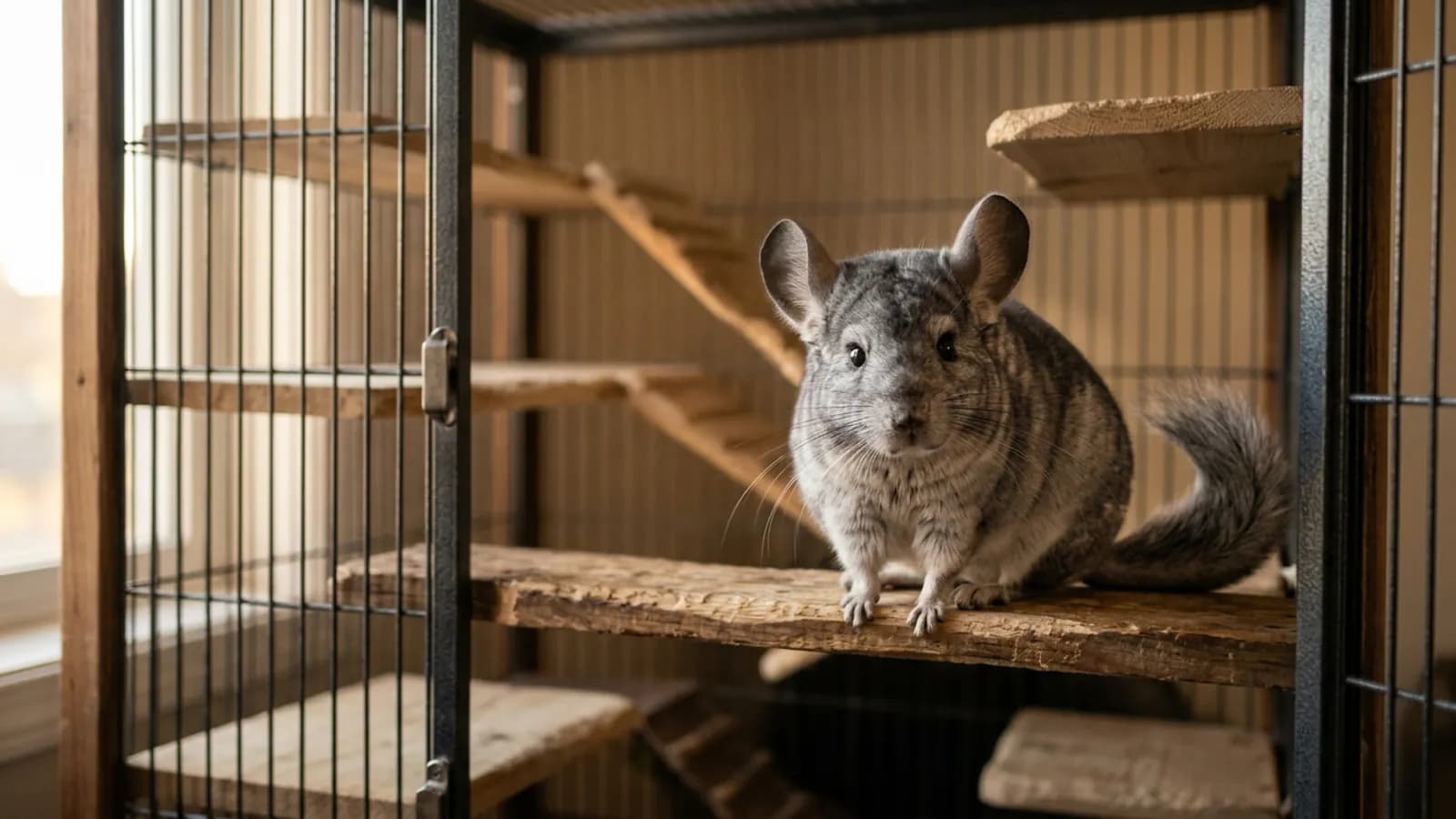 A silver-gray chinchilla perched on a wooden ledge, showing the dense fur and big ears behind so many chinchilla facts.