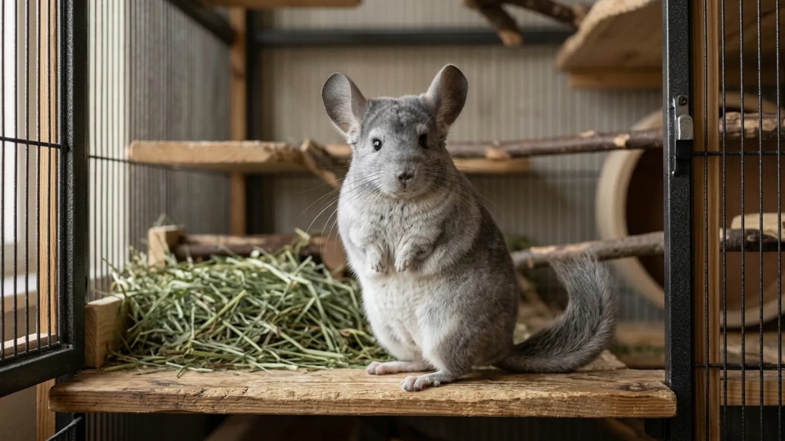 A female chinchilla standing upright on a wooden ledge inside a tall metal and wood cage