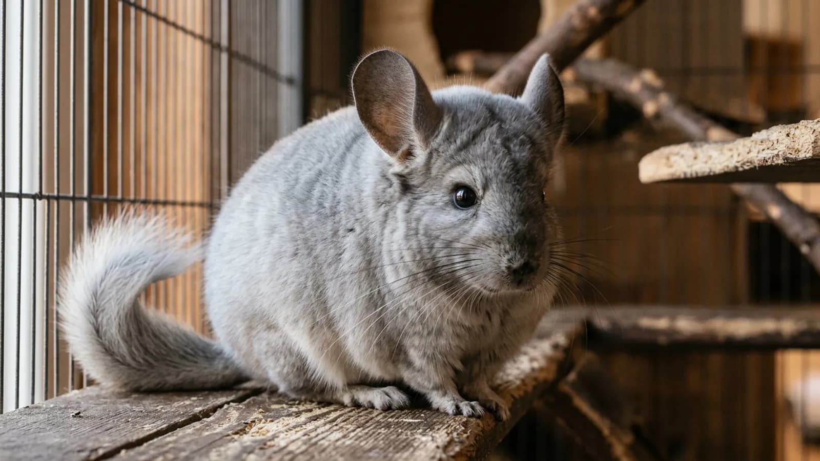 A fluffy chinchilla sitting on a wooden ledge with its dense silver-gray coat puffed out