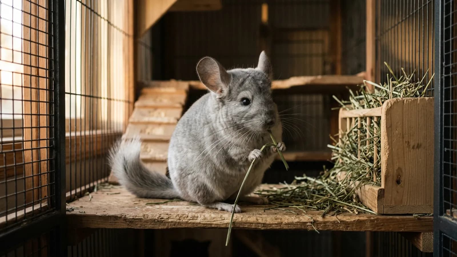 A silver-gray chinchilla eating timothy hay, the grass hay that is the heart of any good chinchilla food plan.
