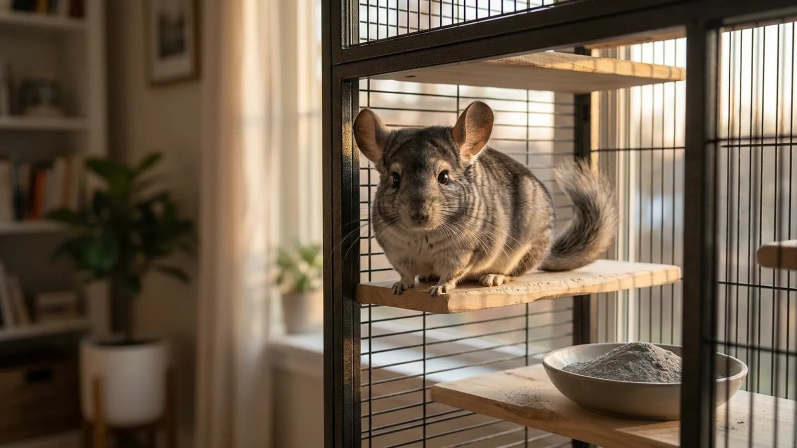 A silver-gray chinchilla for sale sitting alert on a wooden ledge inside a tall metal cage