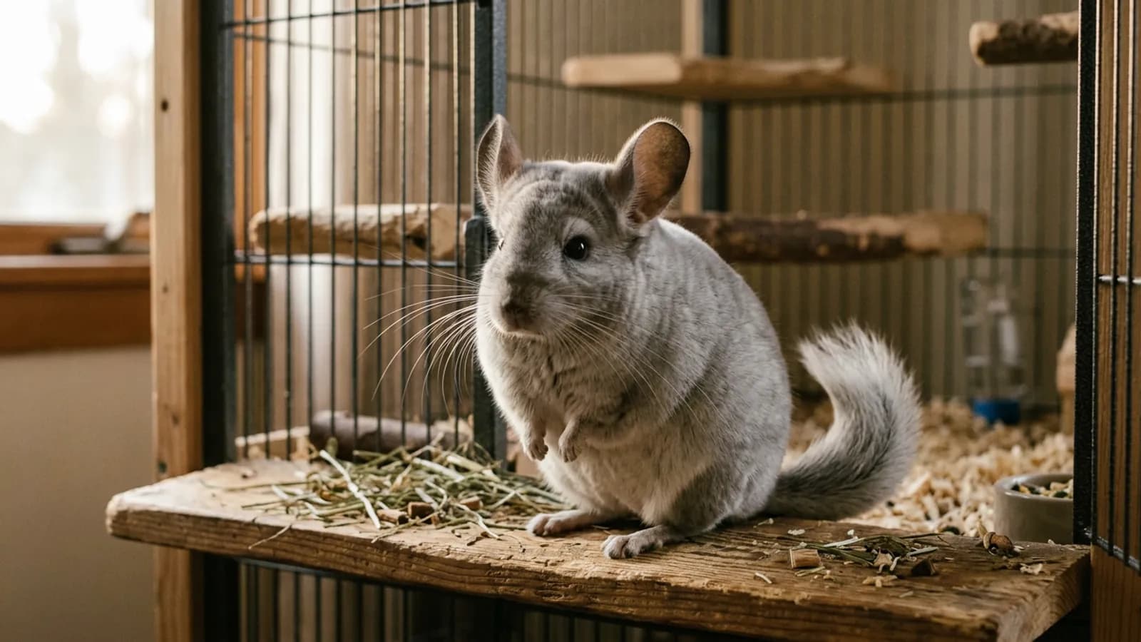 A curious silver-gray chinchilla upright on a wooden ledge, a living illustration of the chinchilla fun facts about its dense fur and large ears.