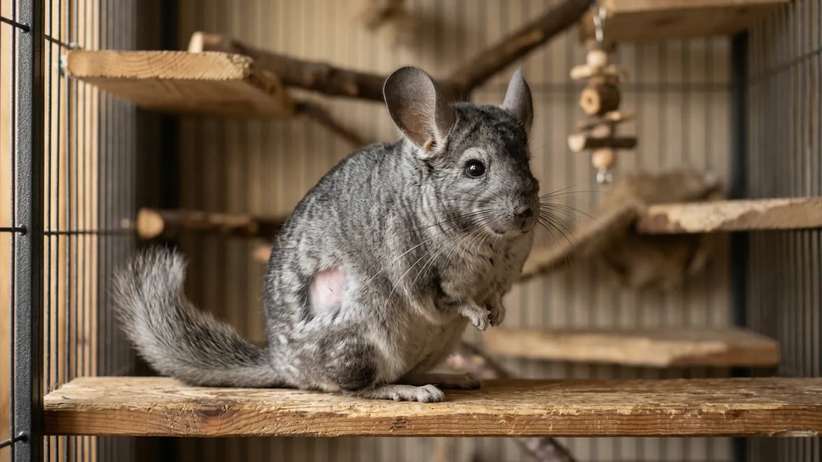 A silver-gray chinchilla with a small smooth bare patch on its flank after a chinchilla fur slip