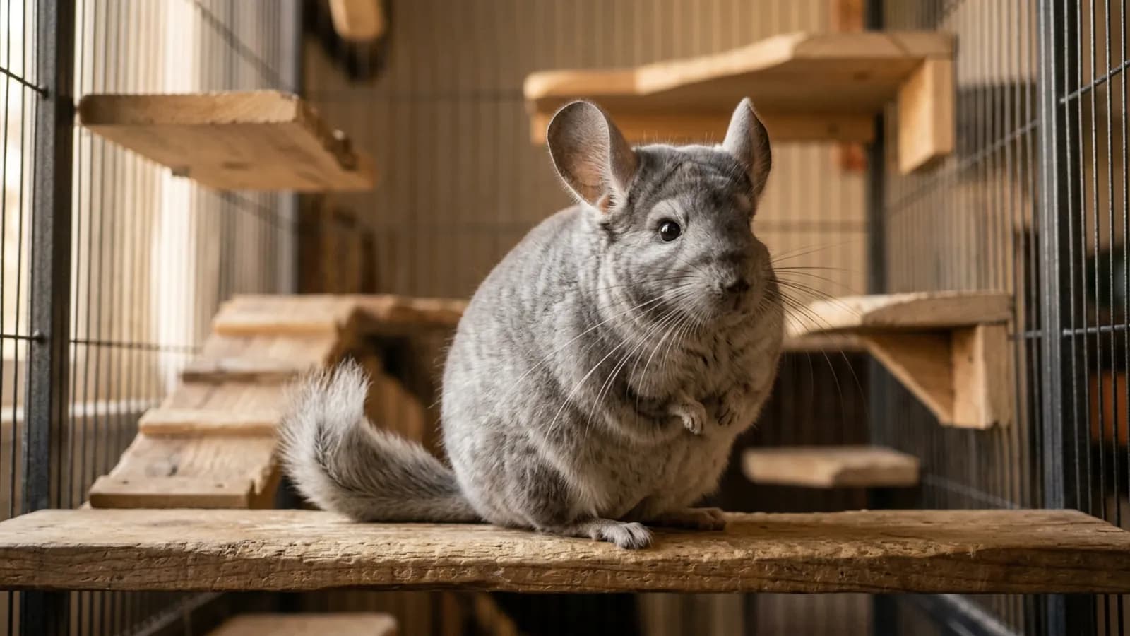 A large giant chinchilla with dense silver-gray fur sitting upright on a wooden ledge inside a tall metal cage.
