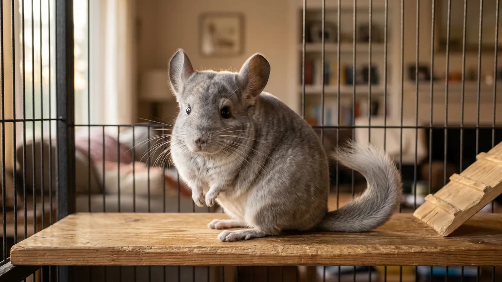 A pet chinchilla with dense silver-grey fur, the small rodent whose coat lent its name to the chinchilla giant rabbit.