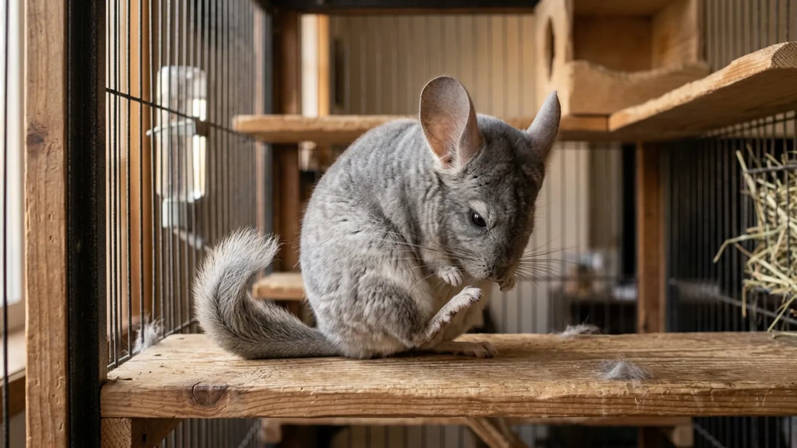 A chinchilla grooming its lower body on a wooden ledge, the ordinary self grooming that can leave a chinchilla hair ring behind