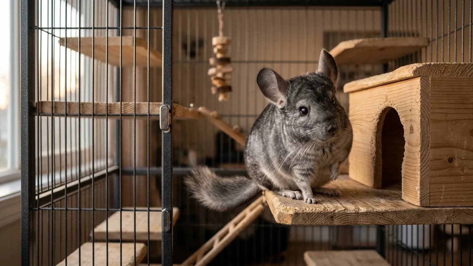 A chinchilla perched next to its wooden chinchilla house on a ledge in a tall metal and wood cage