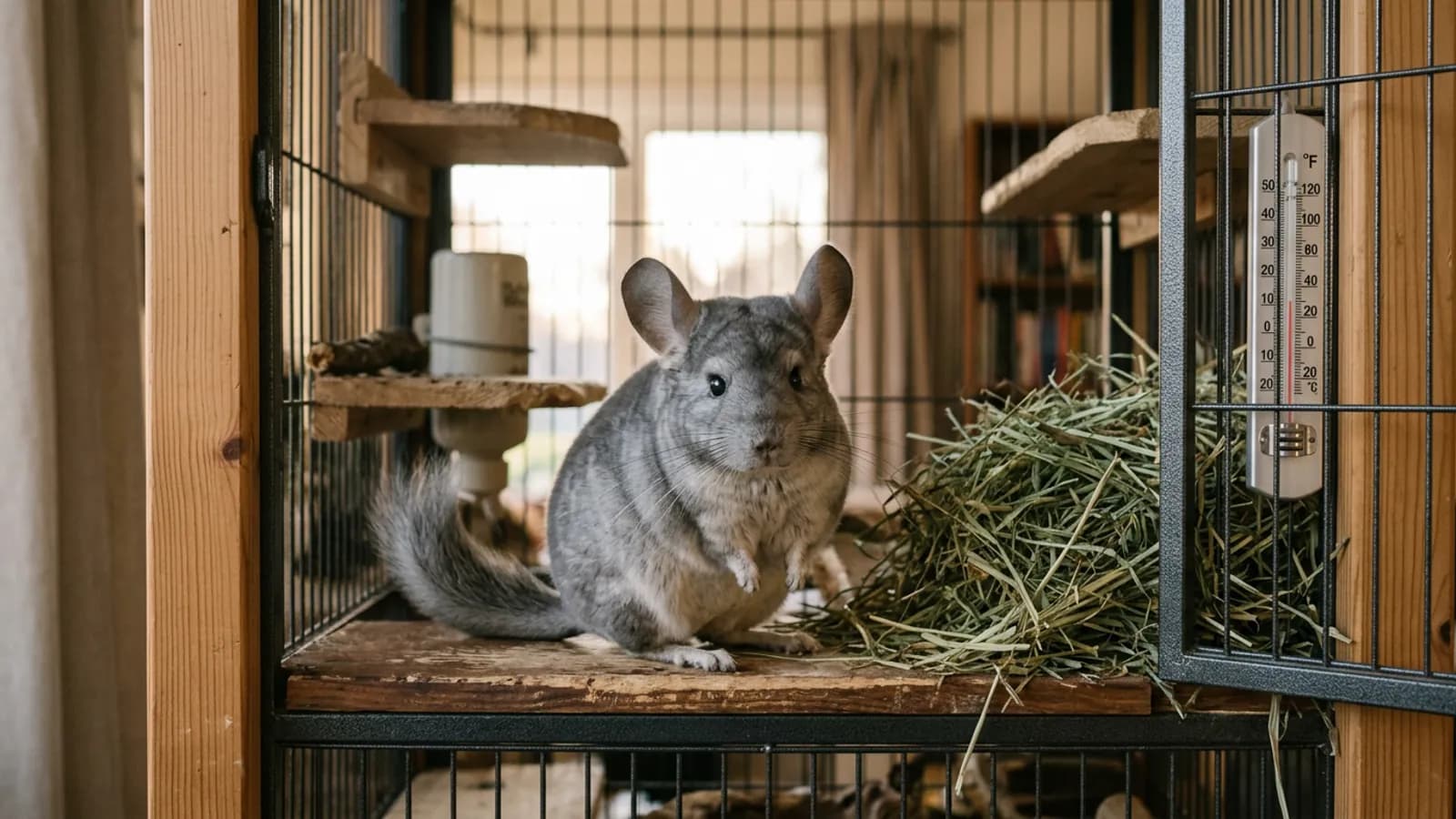 A chinchilla how to take care setup showing a chinchilla beside unlimited hay in a tall metal and wood cage