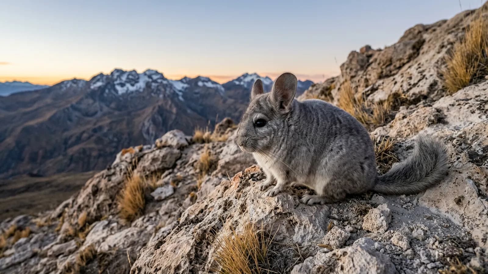 A chinchilla in the wild perched on rocky Andean ground at dusk with sparse dry grass around it