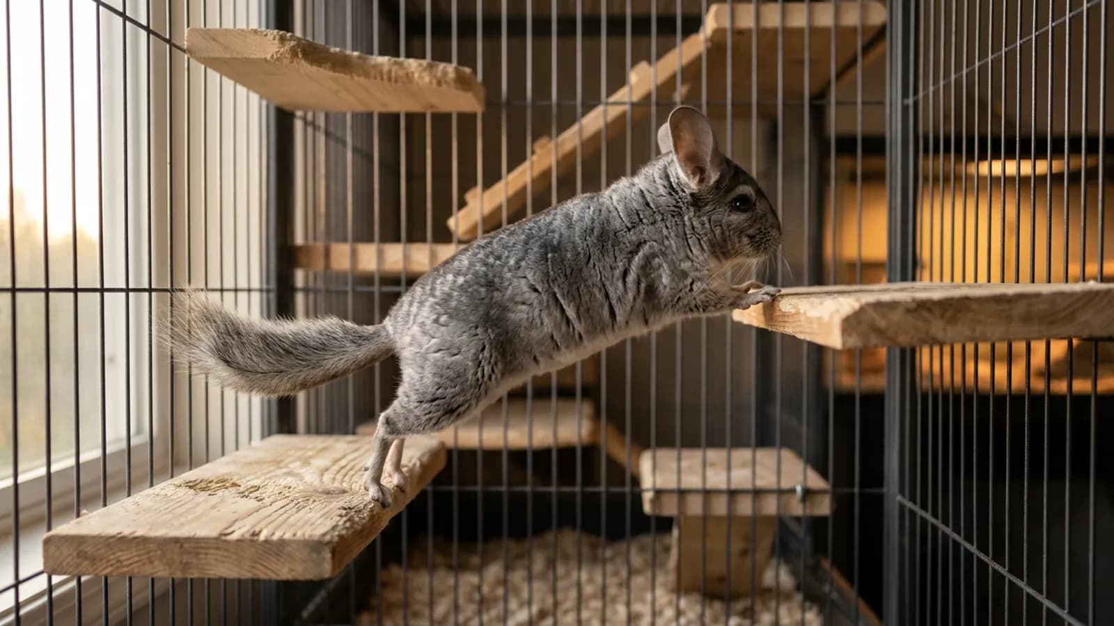 A silver gray chinchilla jumping between two wooden ledges inside a tall metal cage