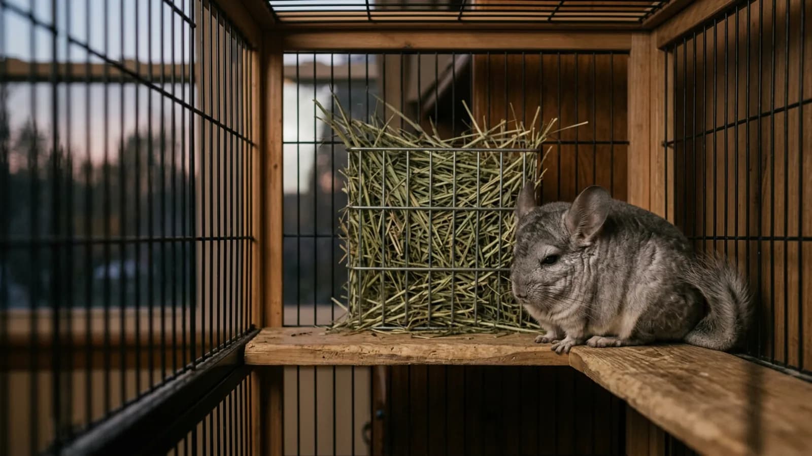 A lethargic chinchilla sitting hunched and still on a wooden cage ledge beside an untouched rack of hay