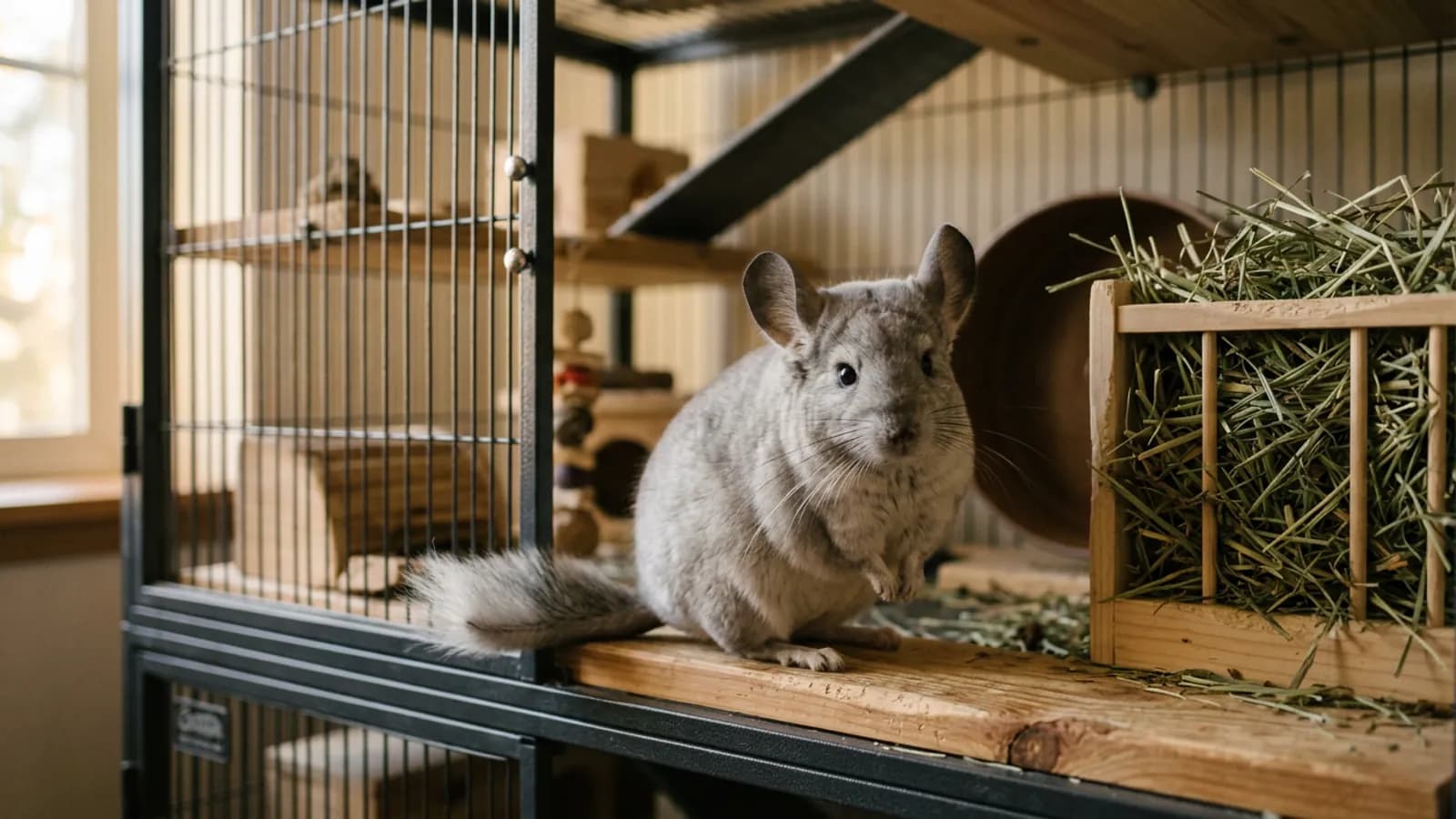 A healthy chinchilla on a wooden ledge, an example of good care that supports chinchilla life expectancy