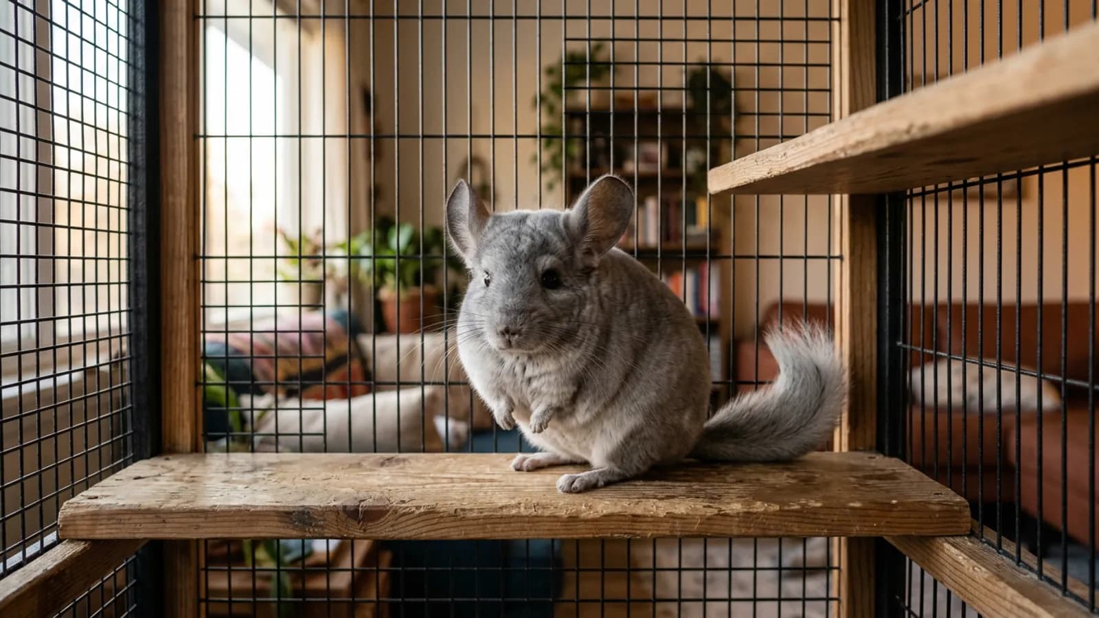A healthy silver-gray chinchilla on a wooden ledge, the picture of the long chinchilla lifespan good care can reach
