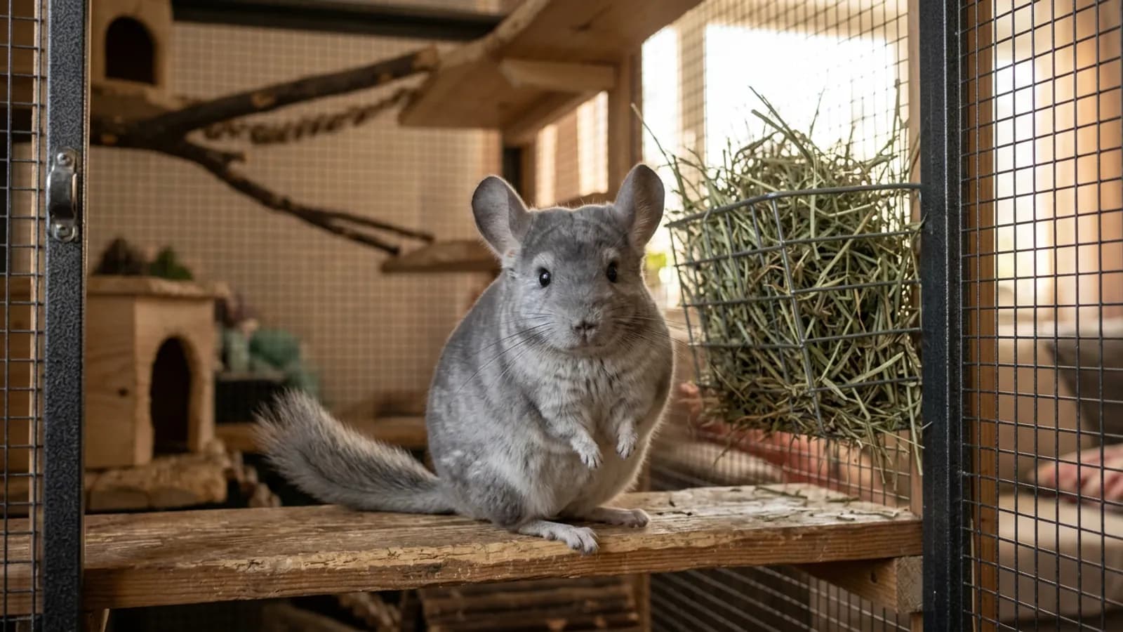 A healthy adult chinchilla in a tall metal and wood cage, the picture of the long pet chinchilla lifespan good care makes possible