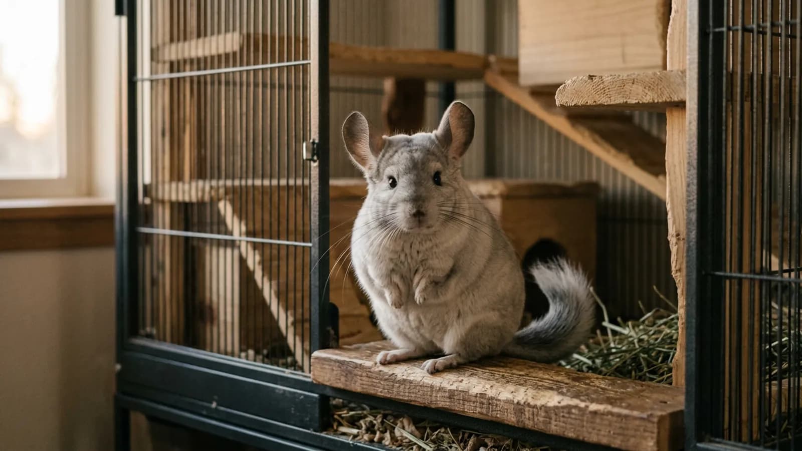 A real chinchilla, the animal behind the chinchilla lps toy, sitting alert on a wooden cage ledge