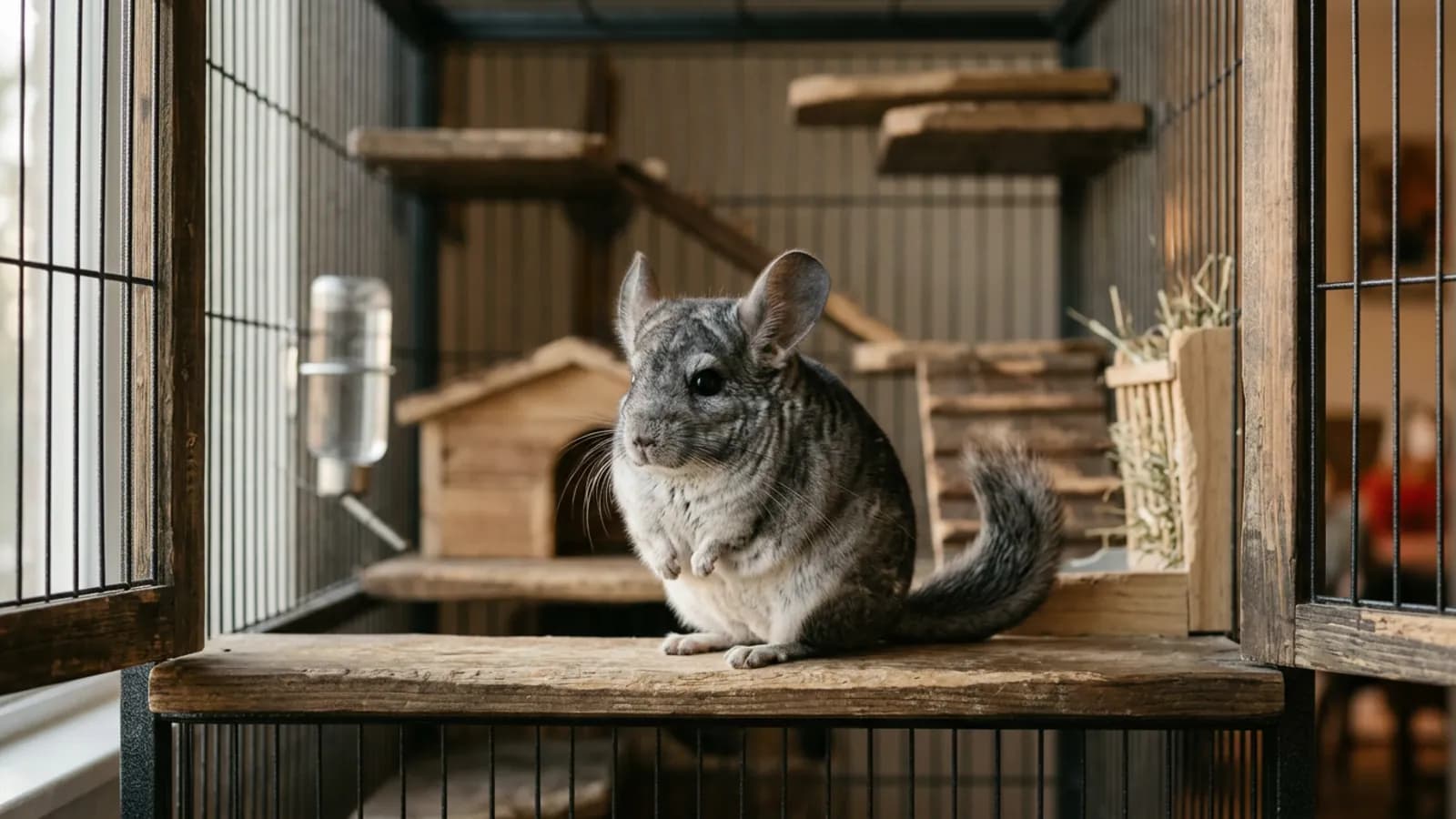A small silver-gray chinchilla sitting on a wooden ledge, the standard animal people mean when they search for a chinchilla mini.
