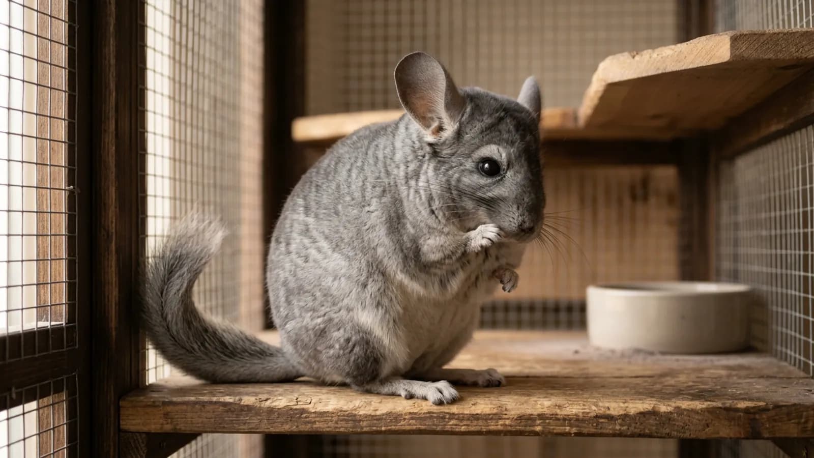 A healthy chinchilla grooming its own cheek, the intact coat that makes chinchilla mites so unlikely.