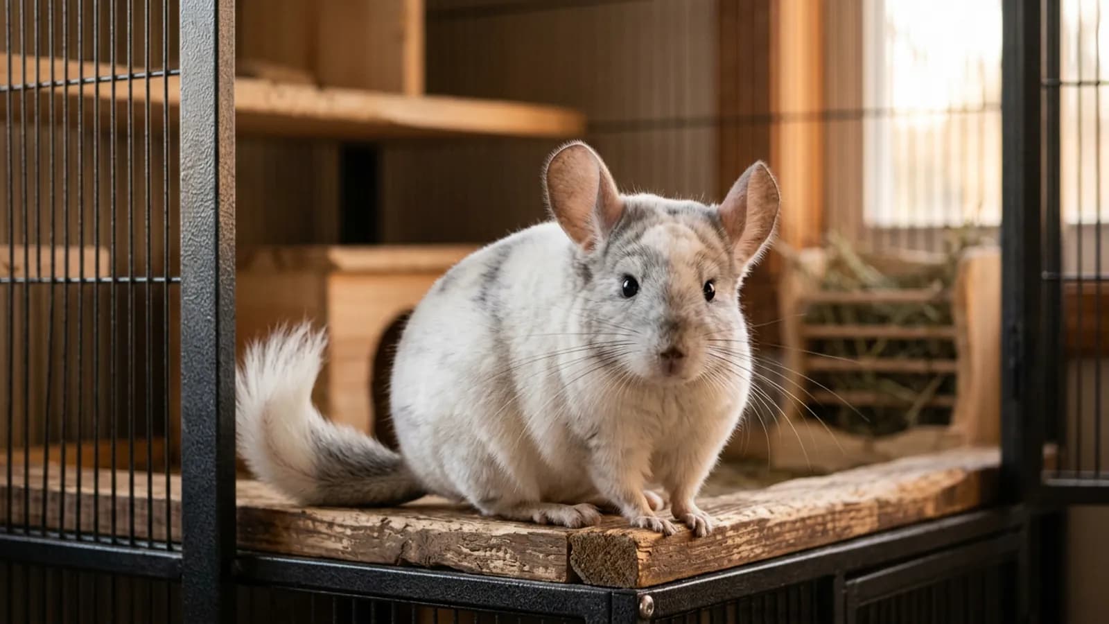 A chinchilla mosaic with a white coat and scattered grey markings sitting on a wooden ledge