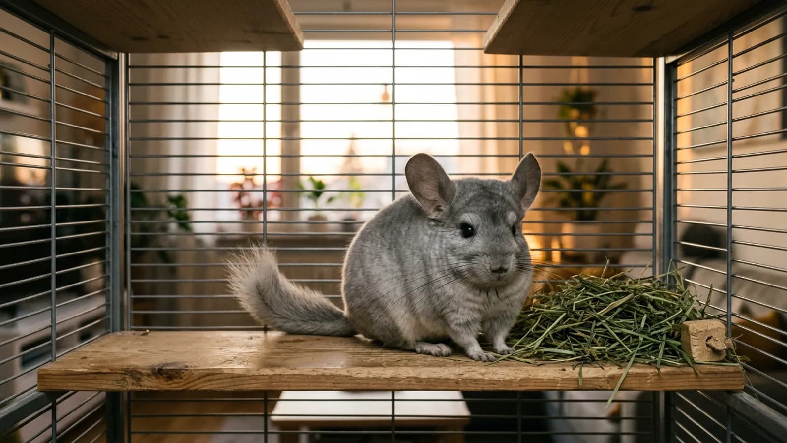 A healthy chinchilla near me sitting alert on a wooden ledge in a tall metal and wood cage at home