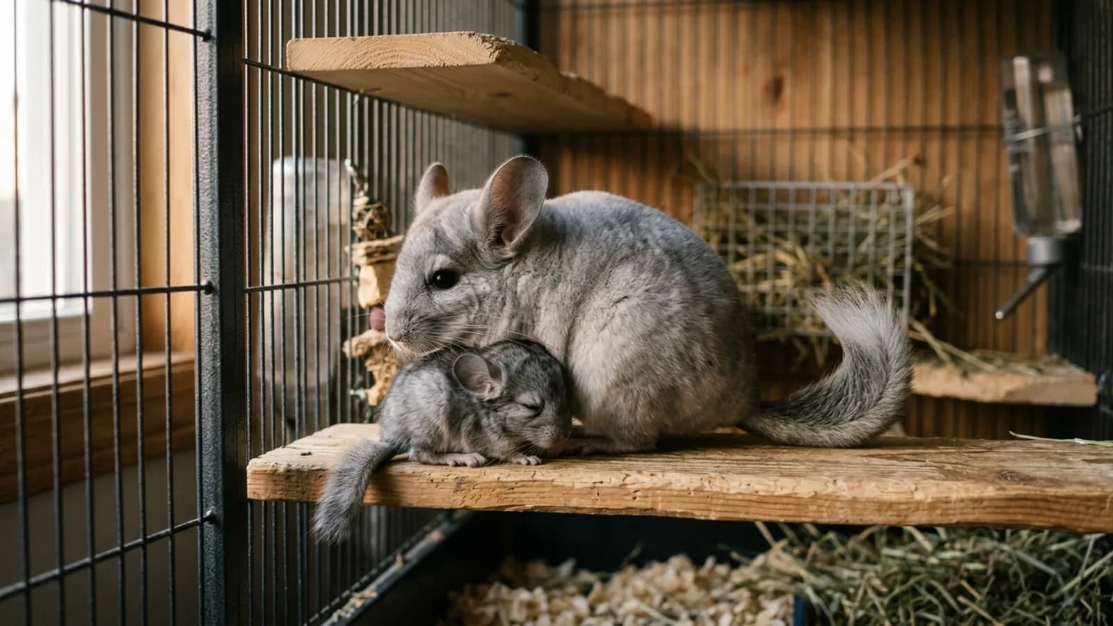 A mother chinchilla on a wooden ledge with a fully furred chinchilla newborn nestled against her side