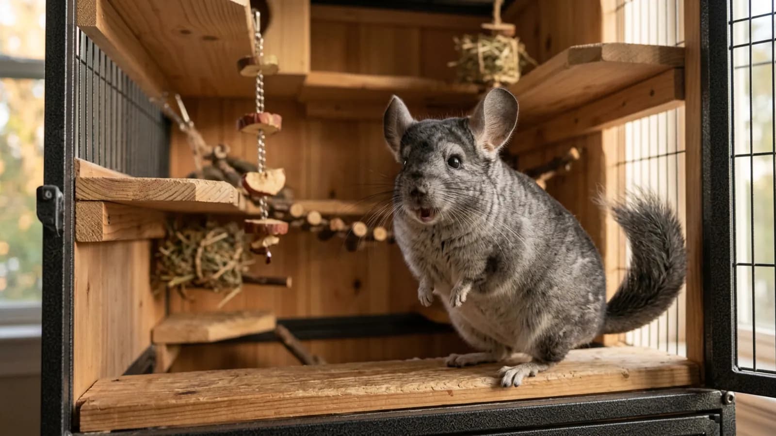 A chinchilla standing tall and vocalizing on a wooden ledge, one of the everyday chinchilla noises owners learn to read