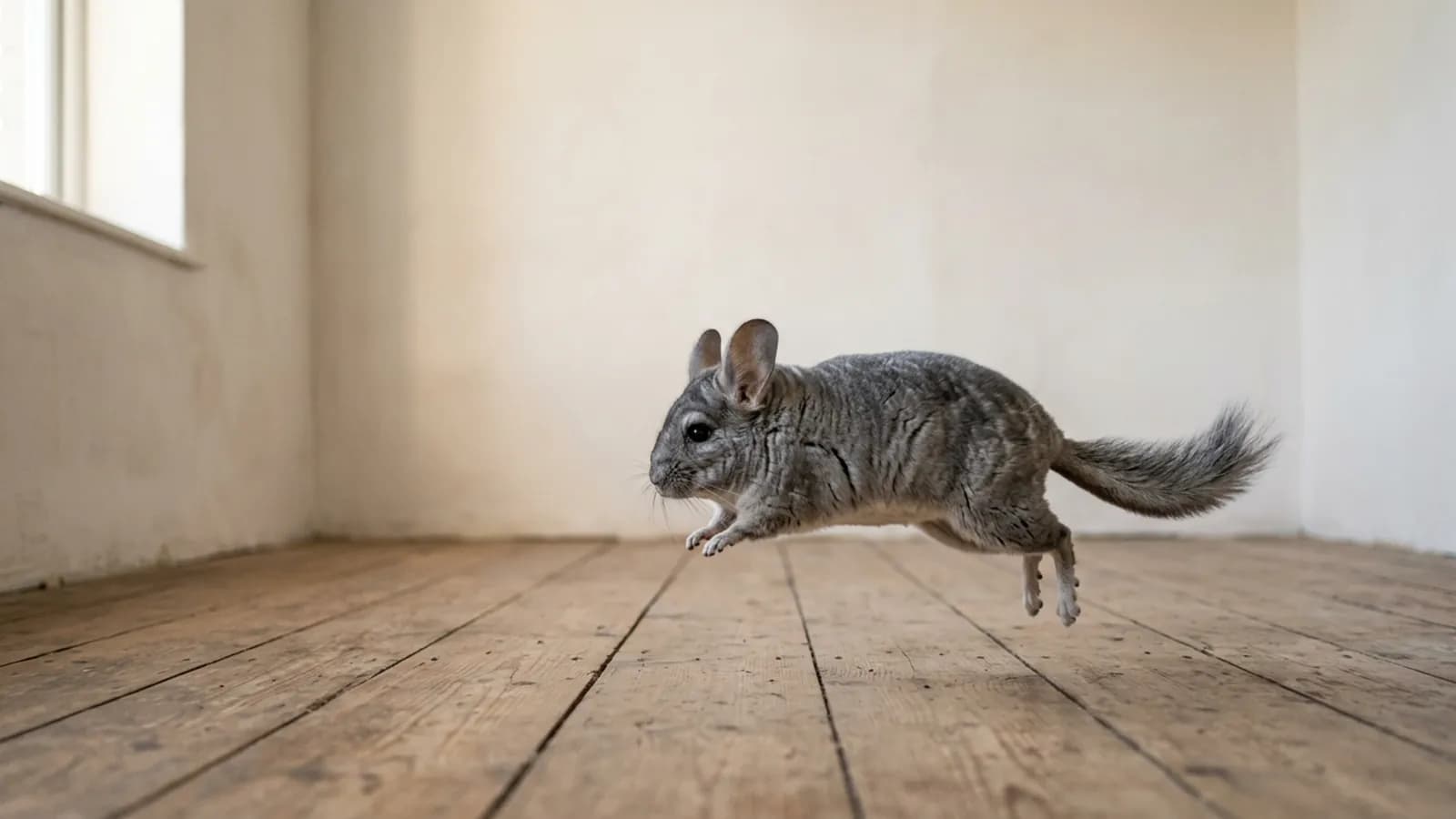 A chinchilla mid leap across the bare floor of a stripped, proofed room during chinchilla out of cage time.