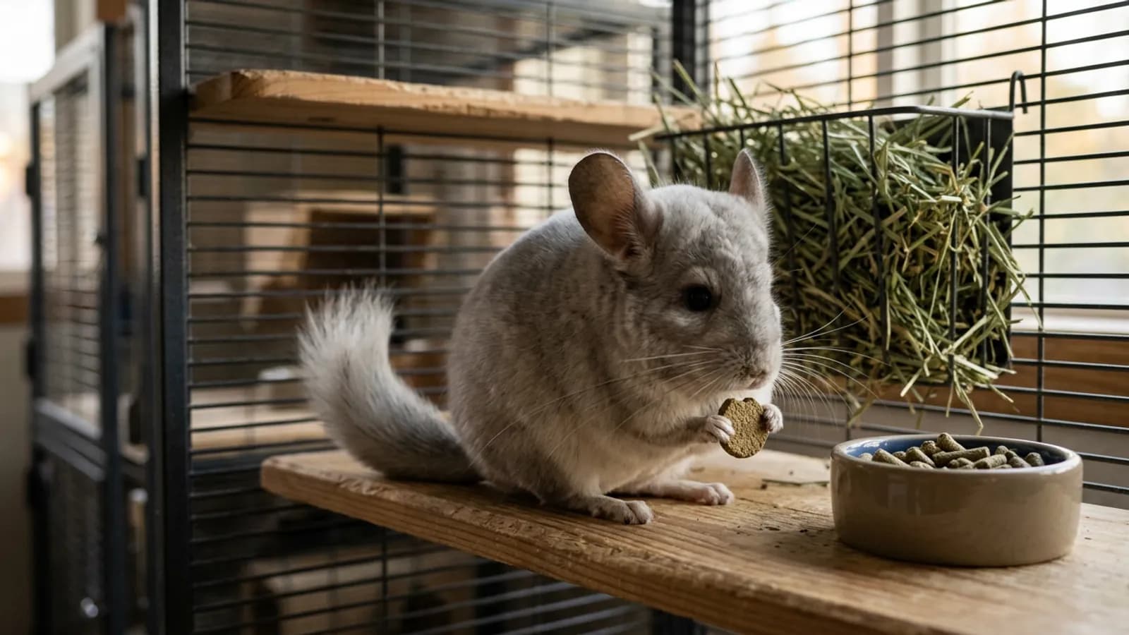 A chinchilla eating plain chinchilla pellets from its paws next to a bowl of uniform pellets and a rack of hay