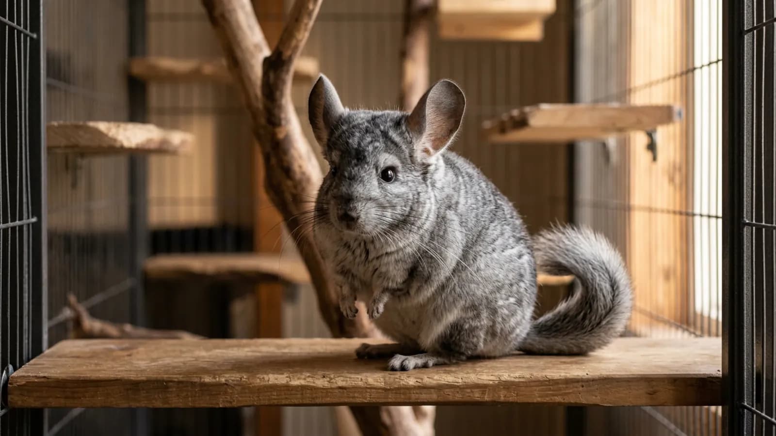 The chinchilla rodent whose shimmering tipped fur gave chinchilla persian cats their name, sitting on a wooden ledge.