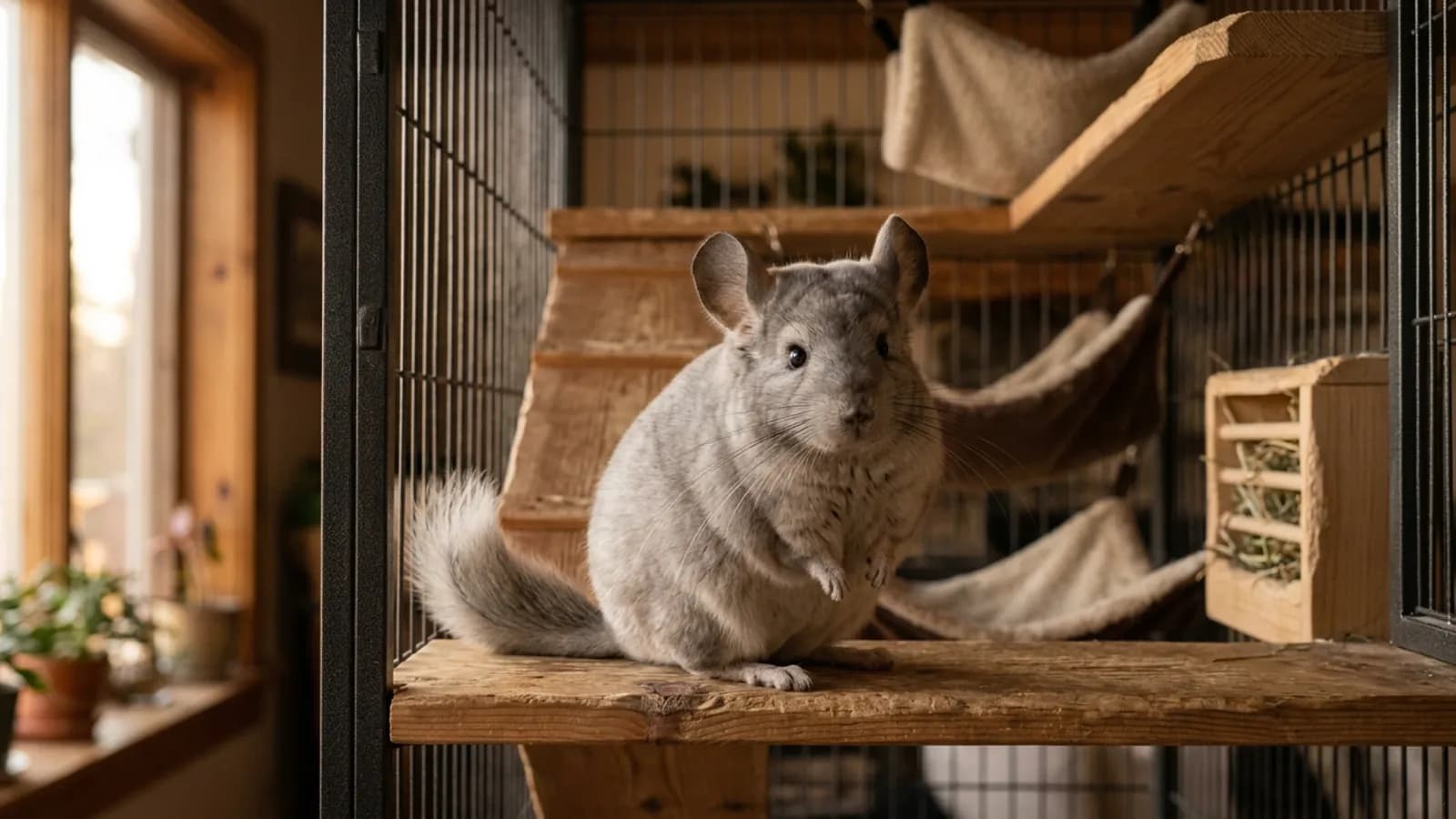 A silver-gray chinchilla rodent in a wooden cage, the animal behind the chinchilla persian cats for sale name mix-up