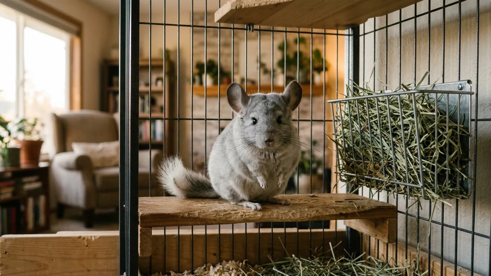 A healthy chinchilla on a wooden cage ledge, the kind of animal owners weigh chinchilla pet insurance for