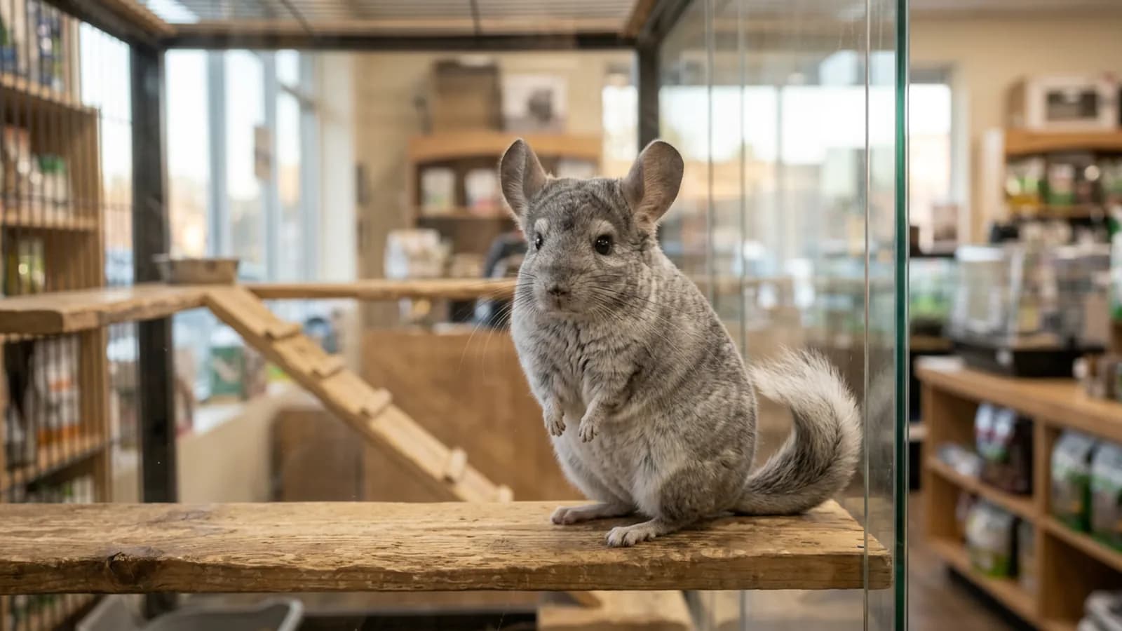 A silver-gray chinchilla sitting alert behind glass in a chinchilla pet shop display