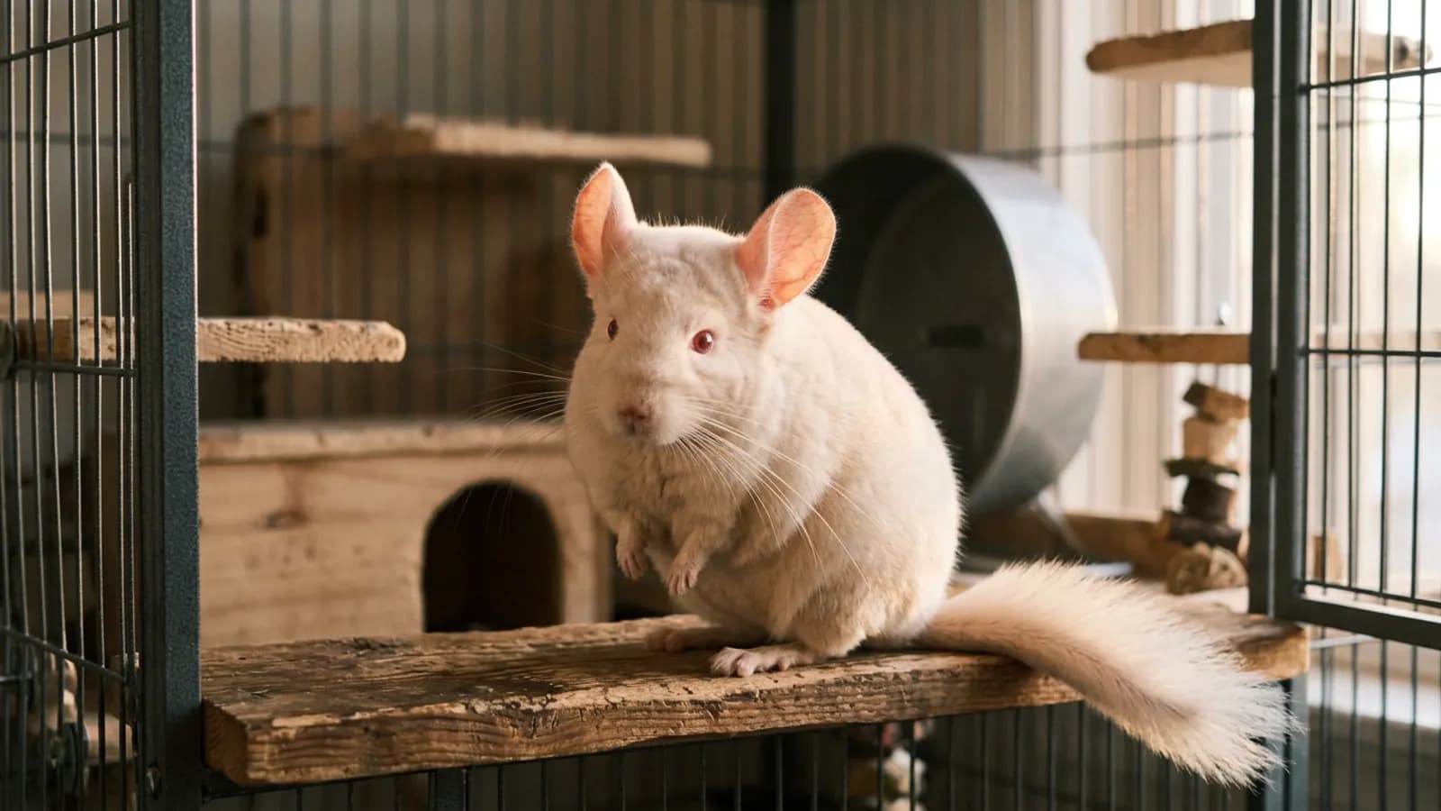 A chinchilla pink white with a champagne-tinged white coat and rosy pink ears sitting on a wooden ledge