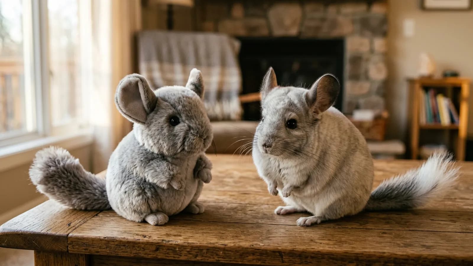 A chinchilla plushie sitting beside a real silver-gray chinchilla on a wooden surface