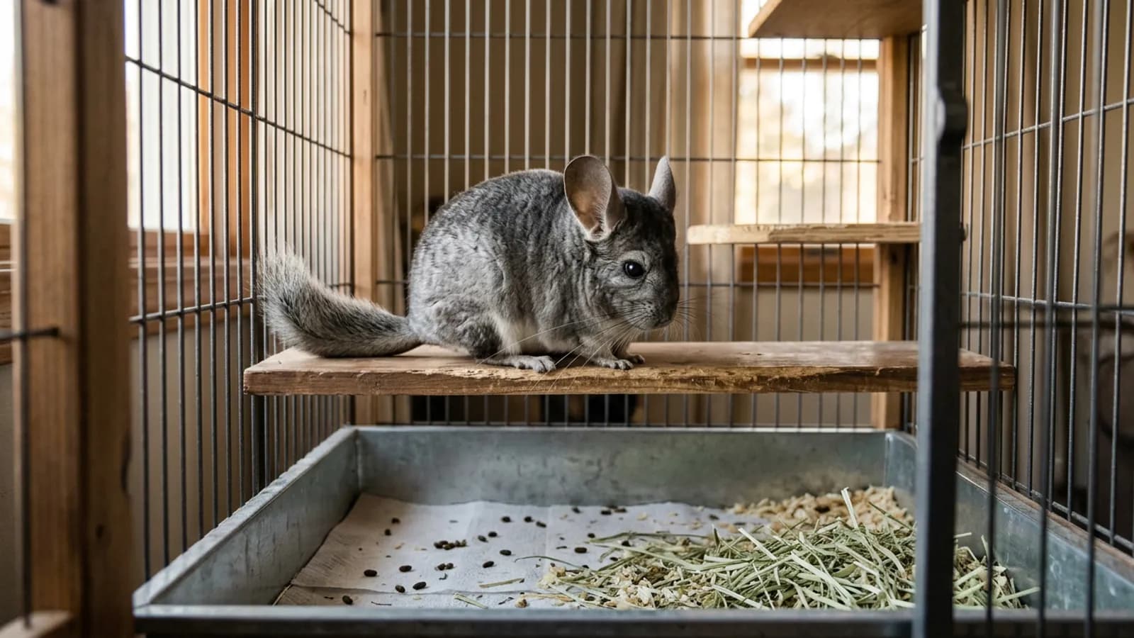 A silver gray chinchilla on a wooden ledge above a metal cage tray scattered with chinchilla poop and loose timothy hay