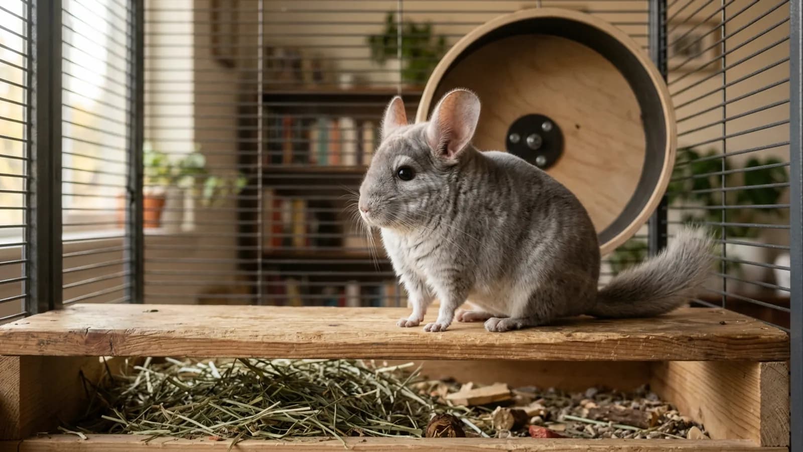 A standard gray chinchilla on a wooden ledge in a tall metal cage, the color most people mean when asking about chinchilla price
