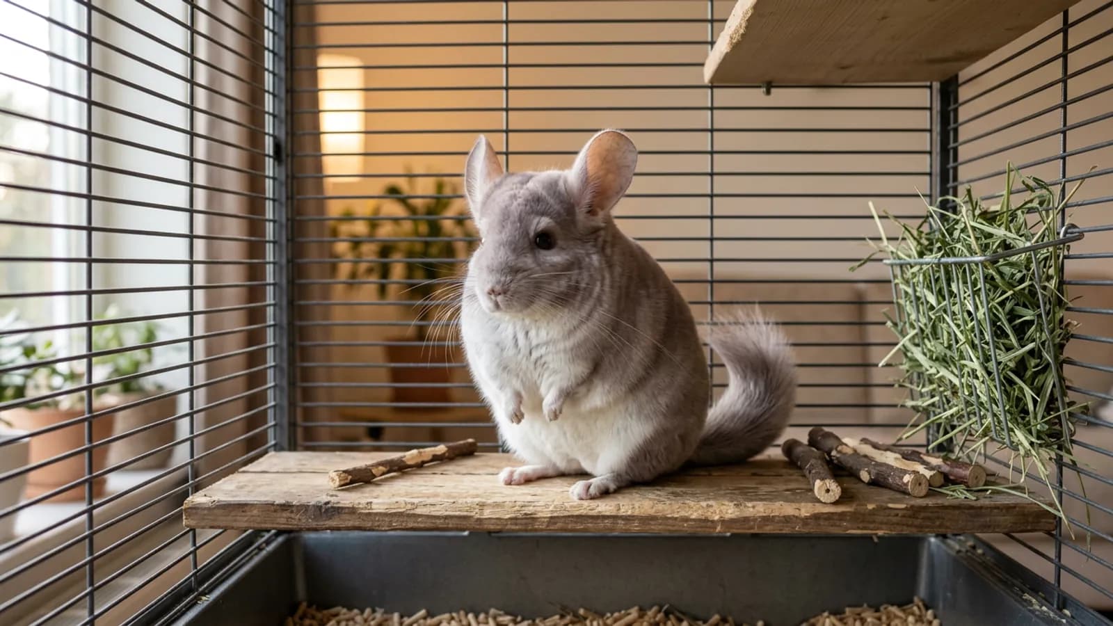 A violet chinchilla, the coat people call chinchilla purple, sitting on a wooden ledge in a tall metal cage beside a hay rack