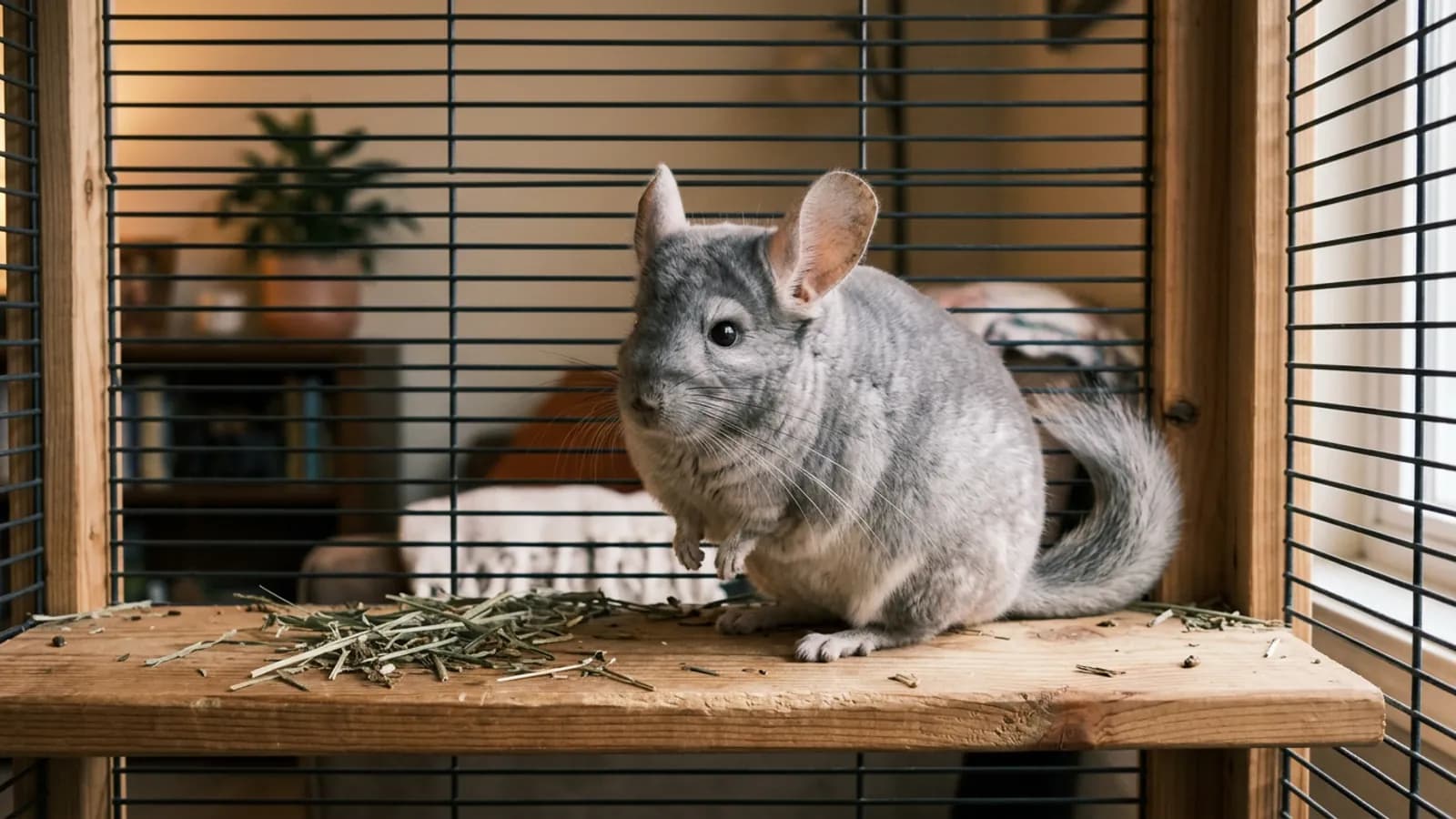 A silver-gray pet chinchilla, the Andean rodent people confuse with the chinchilla rabbit, sitting on a wooden ledge in a metal and wood cage