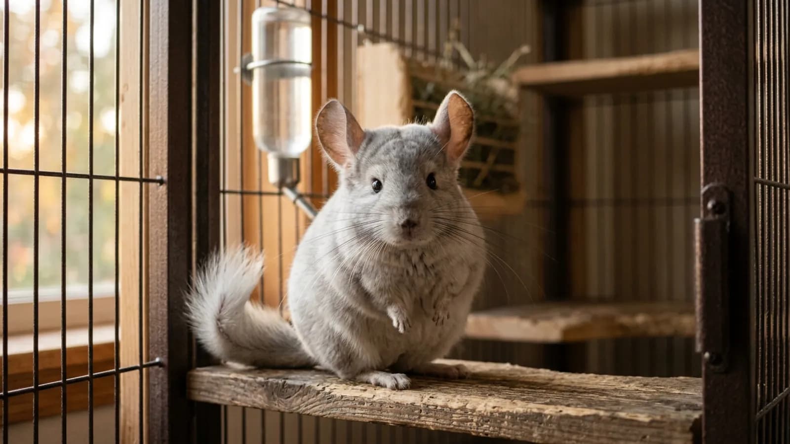 A real pet chinchilla, the rodent behind the chinchilla rabbit breed name, sitting on a wooden ledge in a metal cage