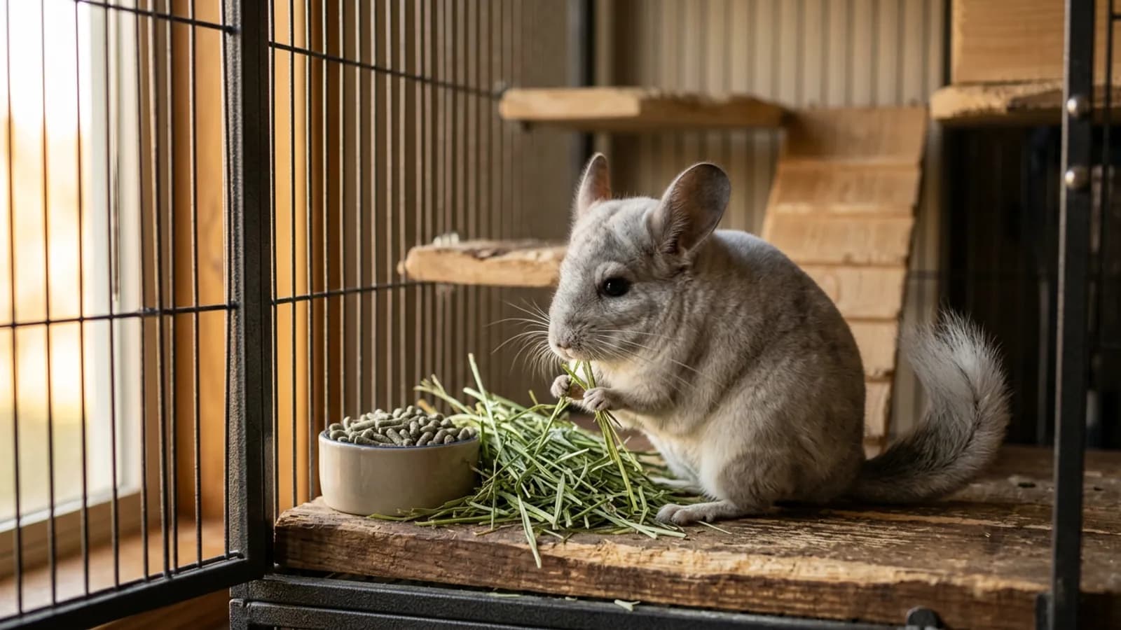 A chinchilla eating grass hay instead of a chinchilla rabbit mix muesli food inside a tall metal cage