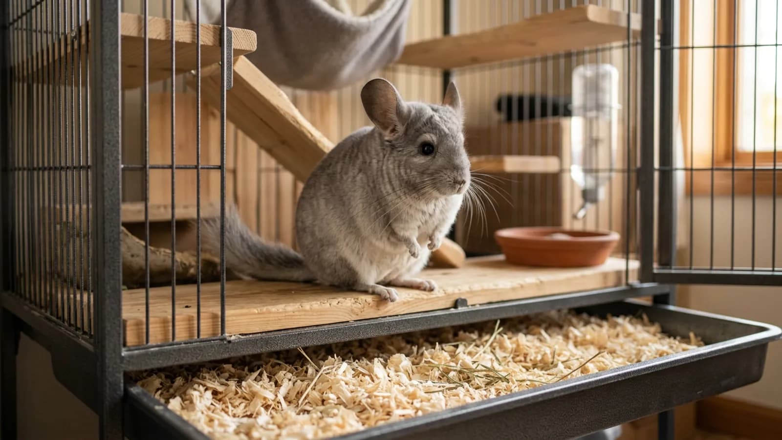 A chinchilla on a wooden ledge in a tall metal-and-wood cage above a tray of chinchilla safe bedding.