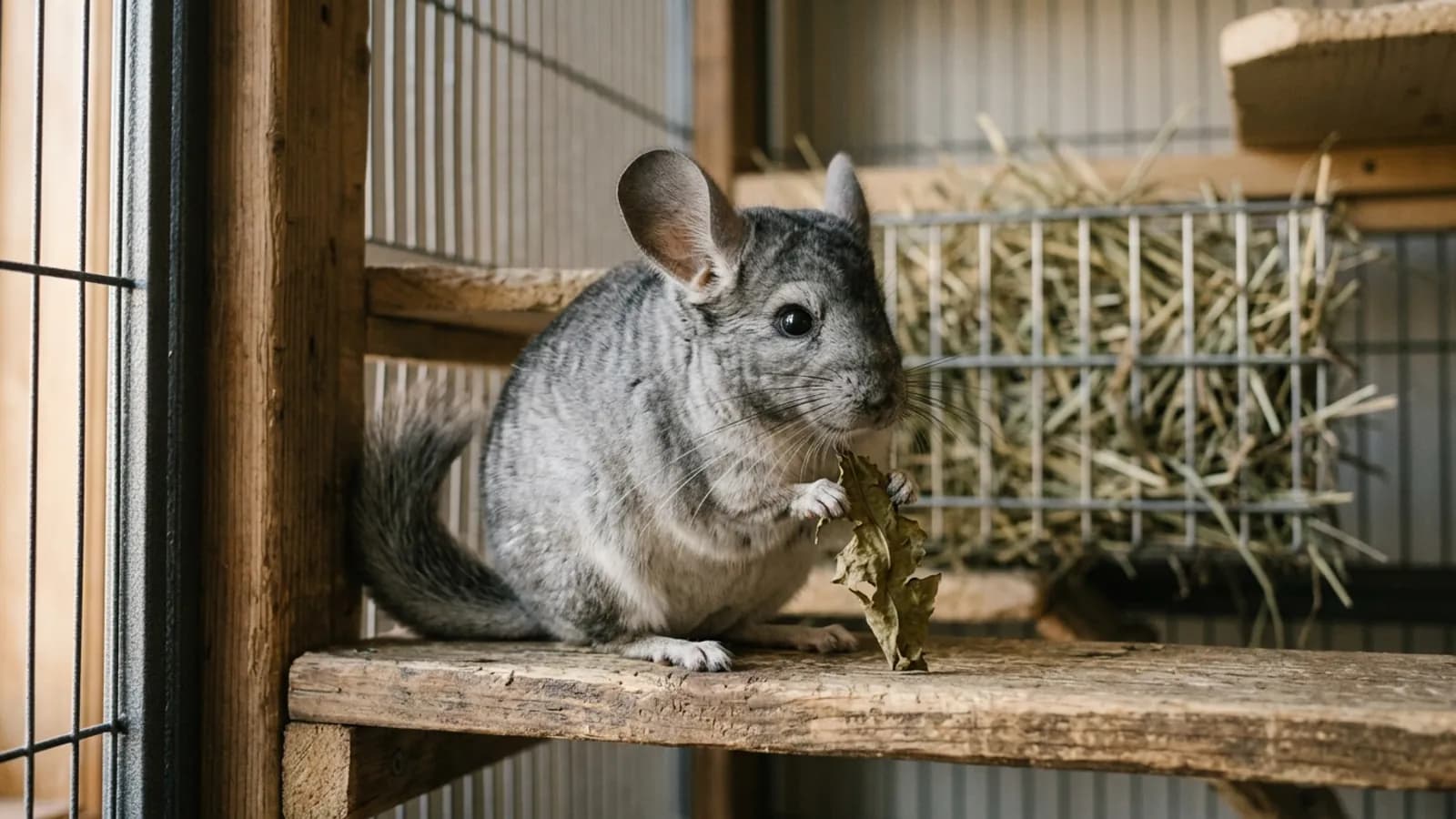 A chinchilla nibbling a dried dandelion leaf, one of the four herbs a veterinary source actually names for chinchillas.