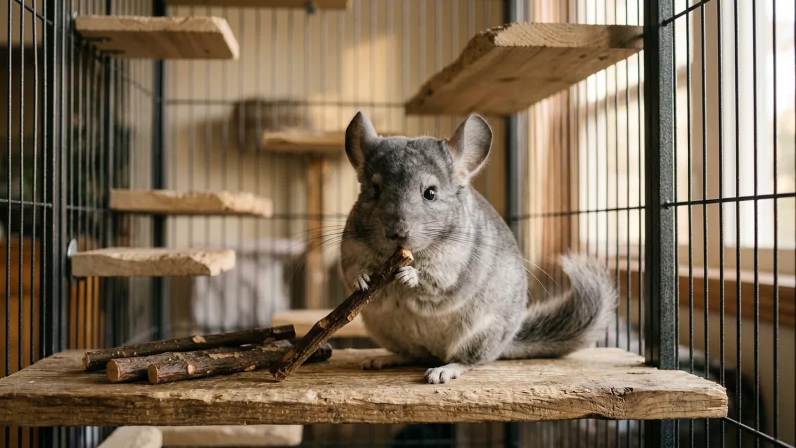A chinchilla chewing an apple wood stick on a wooden ledge, one of the chinchilla safe wood options I keep in the cage