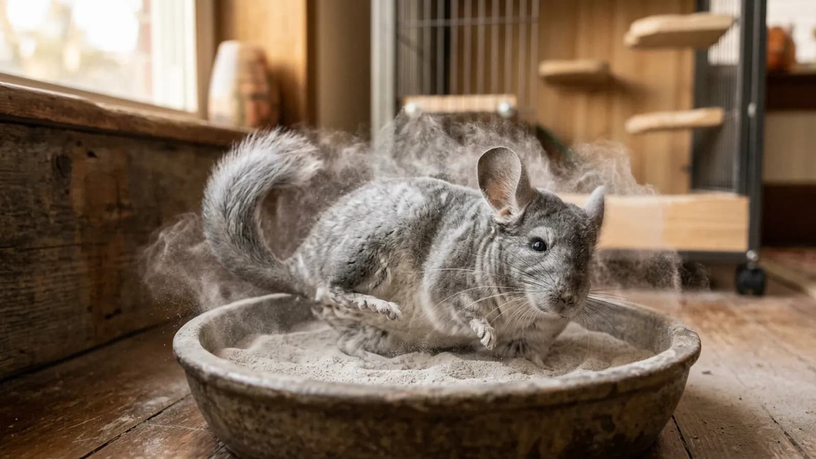 A chinchilla taking a sand bath by rolling in a bowl of fine pale dust