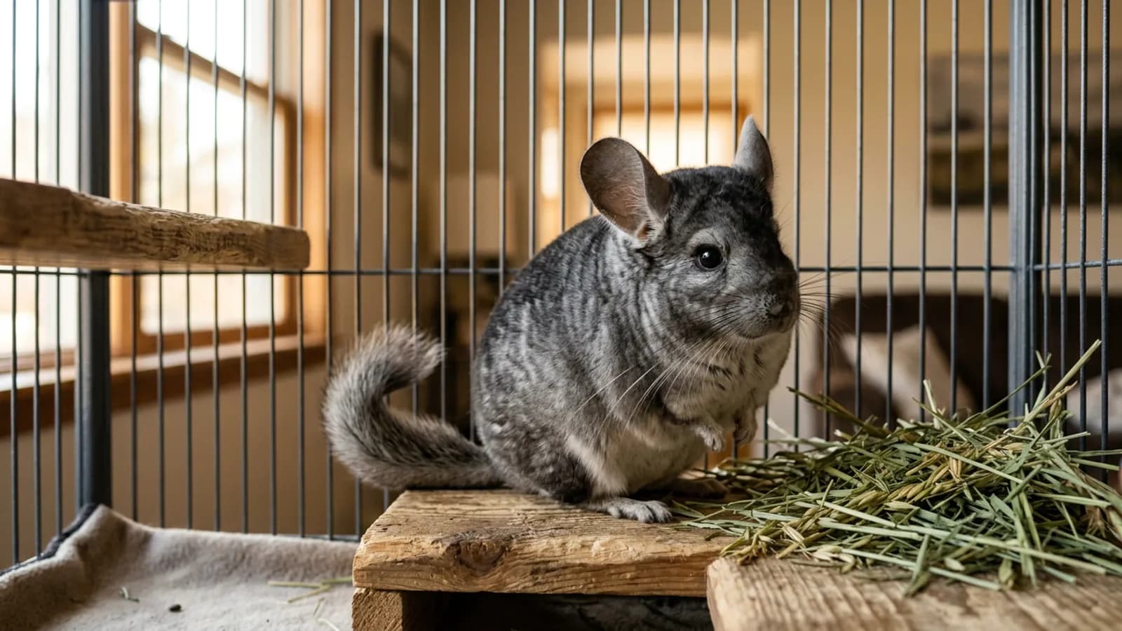 A silver-gray chinchilla on a wooden ledge, the rodent people confuse with a chinchilla silver persian cat.